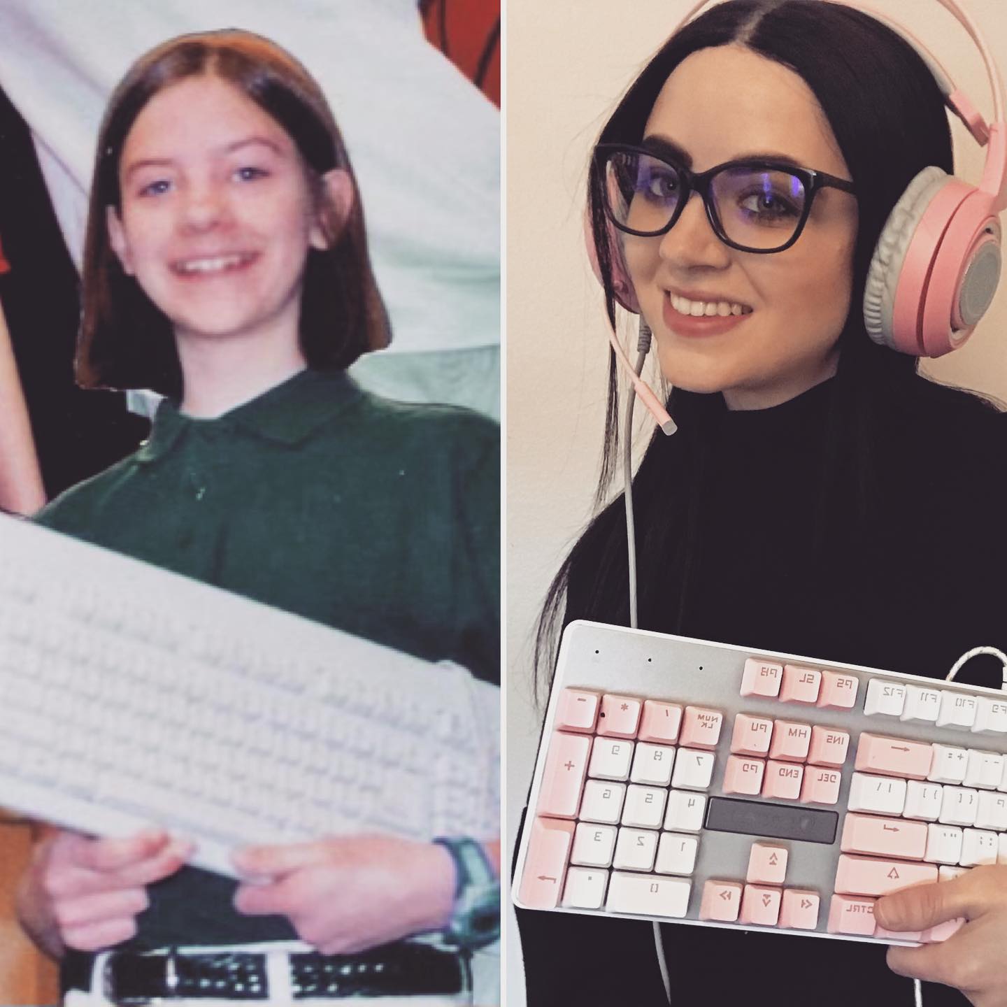 On left: Katherine Nieman in the 8th grade holding a keyboard. On right: Katherine Nieman at age 30 holding a keyboard.